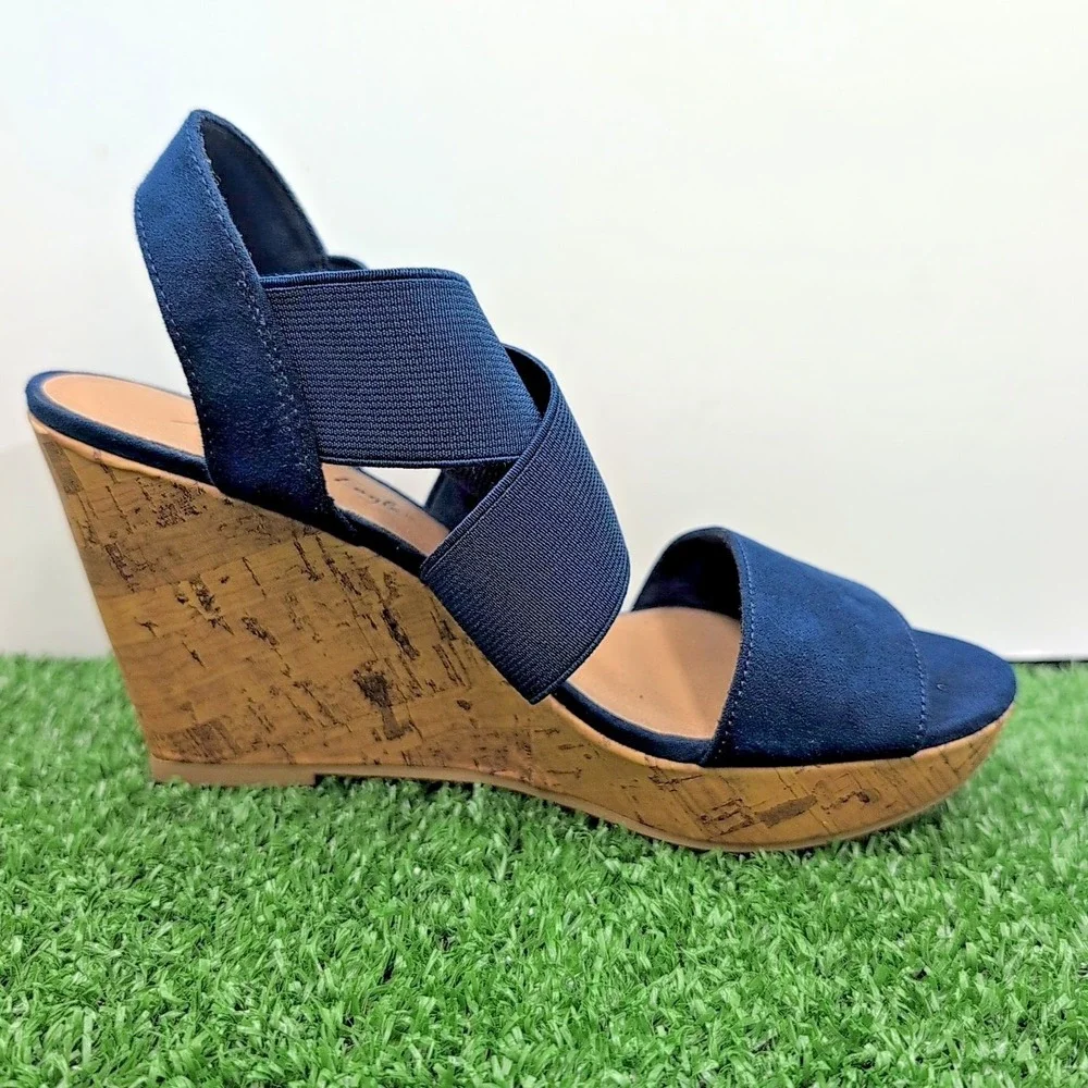 American Eagle AE Women's Shoes 5 Ryan Wedge Sandals Navy Blue Cork Heel‎ Straps